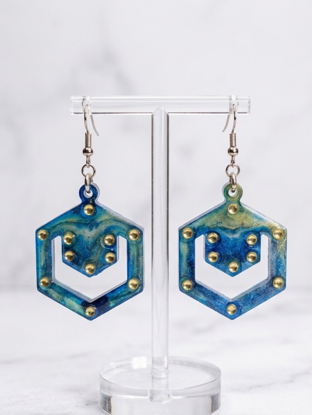 Blue & Gold Geometric Resin Hexagon Earrings - Hypoallergenic